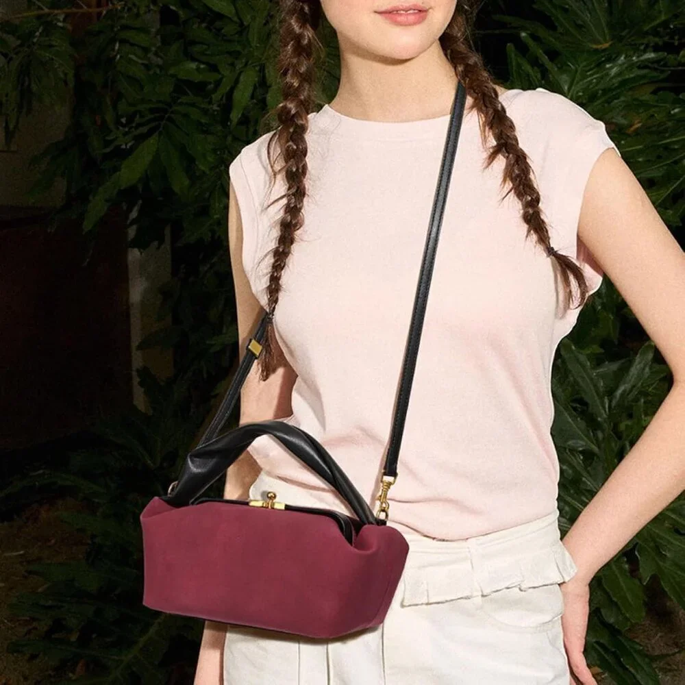 Women's Wine Red Faux Suede Vintage Slouchy Soft Satchel Kiss Lock Hobo Handbag